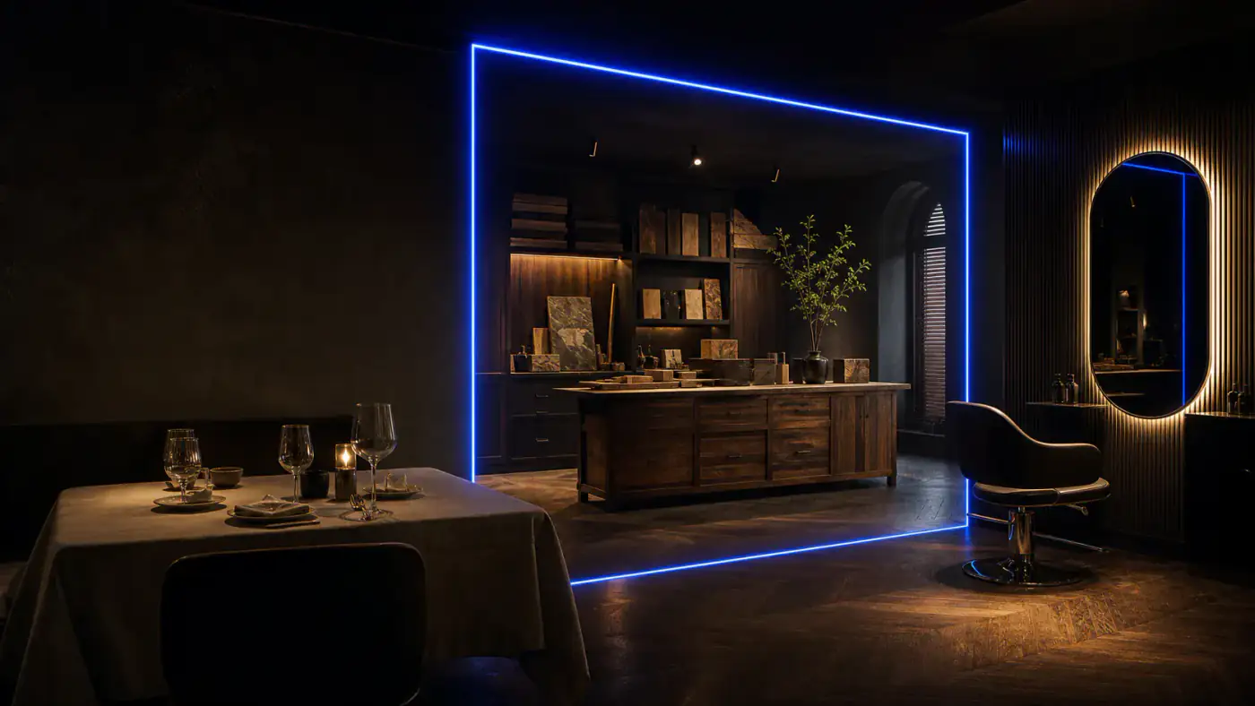 A restaurant, craft workshop and salon connected by a vivid blue digital frame